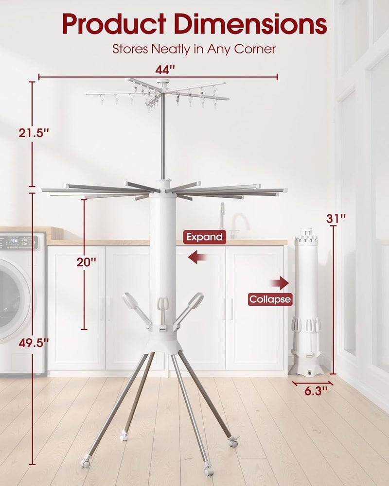Sakugi Foldable Clothes Drying Rack – Collapsible Laundry Rack with 12 Steel Arms, 4-Leg Stable Base, Reinforced Frame with Clips & Shoe Holders for Indoor Outdoor Use, 44" D x 44" W x 71" H, White - Image 5