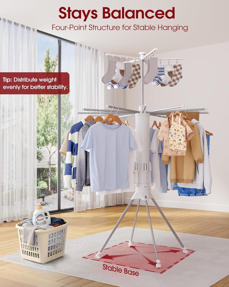 Sakugi Foldable Clothes Drying Rack – Collapsible Laundry Rack with 12 Steel Arms, 4-Leg Stable Base, Reinforced Frame with Clips & Shoe Holders for Indoor Outdoor Use, 44" D x 44" W x 71" H, White - Image 3
