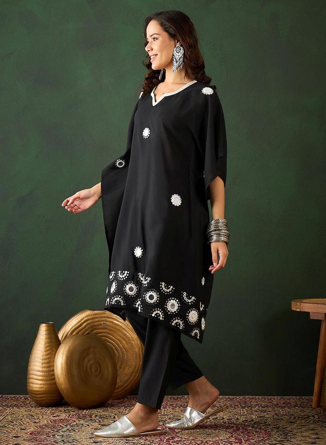 ISHIN Women's Black Viscose Silk Embellished Tunic Top With Ankle Palazzo Flared 2 Peice Kurta Set - Image 3