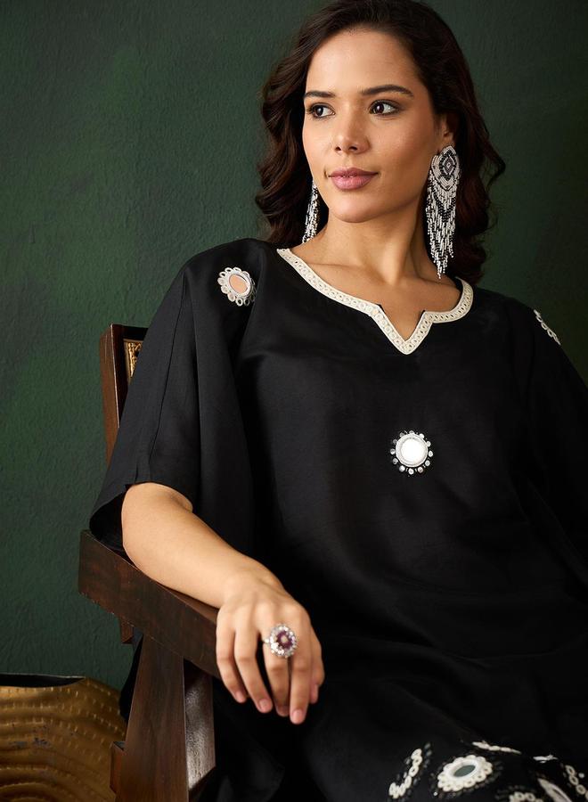 ISHIN Women's Black Viscose Silk Embellished Tunic Top With Ankle Palazzo Flared 2 Peice Kurta Set - Image 5
