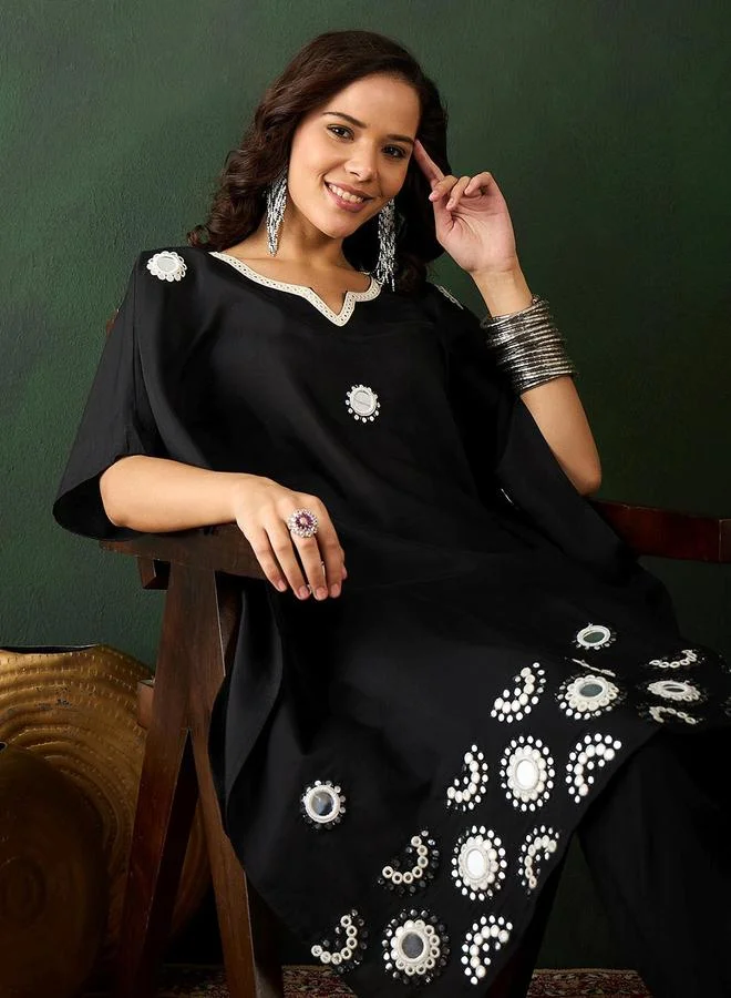 ISHIN Women's Black Viscose Silk Embellished Tunic Top With Ankle Palazzo Flared 2 Peice Kurta Set
