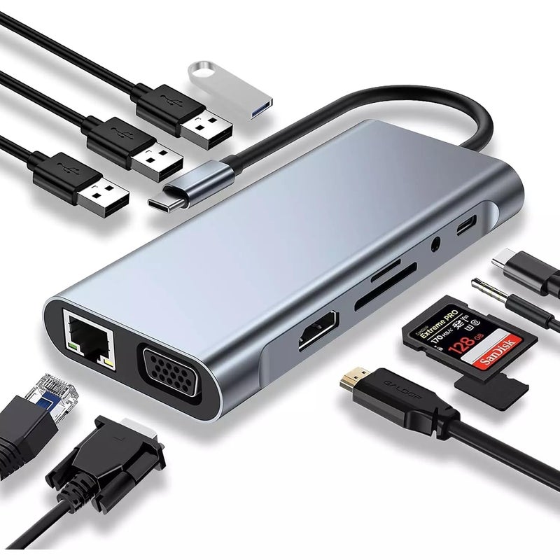 MAZE MT-9598 USB-C Hub 11-in-1 – 4K HDMI, VGA, 100W PD Charging, USB 3.0, RJ45 Ethernet, SD/TF Card Reader & 3.5mm AUX Multiport Adapter for Laptop, MacBook & Type-C Devices
