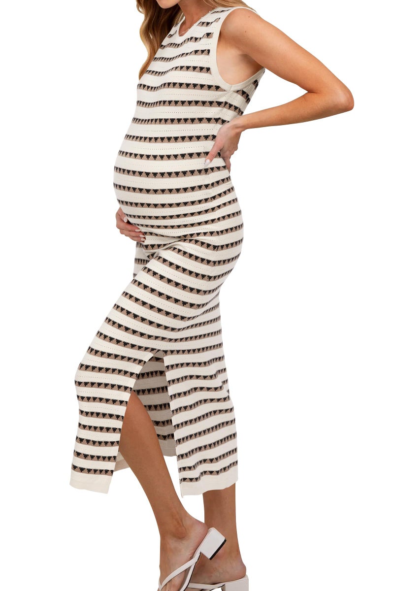 OUGES Women's 2026 Summer Knit Maternity Dress for Photoshoot Sleeveless Midi Sundress Side Slit Striped Bodycon Crewneck Tank Wedding Guest Fall Sweater Dress(Apricot Khaki Striped,S) - Image 1