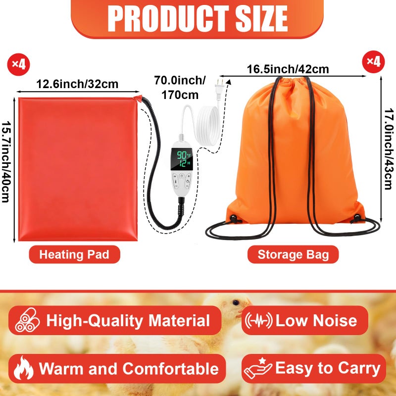 Grinsvalley 4 Pack Chicken Heating Pad Chicken Coop Heater Temperature and Timer Adjustable Animal Pet Heating Pad Chick Warming Blanket Poultry Heated Mat with Storage Bag for Pet(15.7 x 12.6 Inches) - Image 2