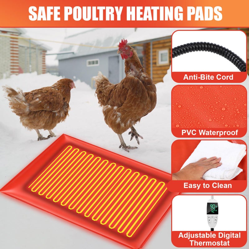 Grinsvalley 4 Pack Chicken Heating Pad Chicken Coop Heater Temperature and Timer Adjustable Animal Pet Heating Pad Chick Warming Blanket Poultry Heated Mat with Storage Bag for Pet(15.7 x 12.6 Inches) - Image 4