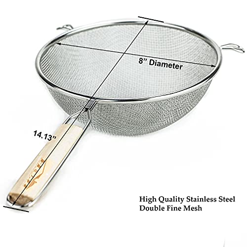 Huji 8-Inch Stainless Steel Double Mesh Food Strainer Colander - Fine Sieve Sifter with Wooden Handle for Kitchen Cooking, Pasta, Rice, Noodles, and More - Image 3