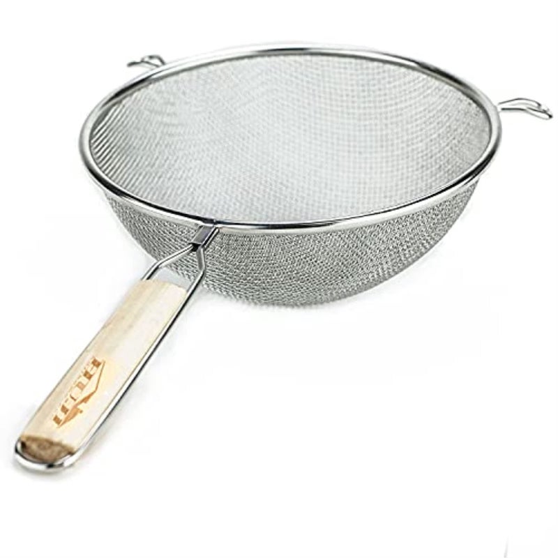 Huji 8-Inch Stainless Steel Double Mesh Food Strainer Colander - Fine Sieve Sifter with Wooden Handle for Kitchen Cooking, Pasta, Rice, Noodles, and More - Image 2