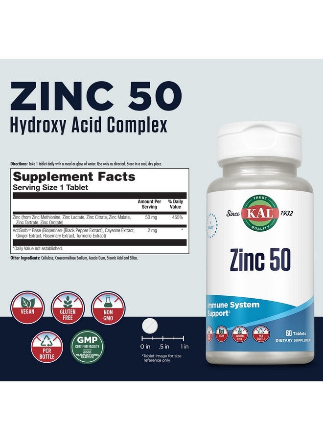 KAL Zinc 50mg Hydroxy Acid Complex, Healthy Metabolism and Immune Support Supplement with Zinc Orotate, Zinc Citrate, Enhanced Absorption w/ActiSorb, Vegan, Gluten Free, Non-GMO, 60 Serv, 60 Tablets - Image 2