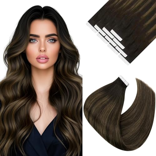 Ve Sunny Tape in Hair Extensions Real Human Hair Invisible Remy Human Hair Straight Tape Ins Double Sided Darkest Brown Ombre Medium Brown Balayage 14 inch 20Pcs 50G
