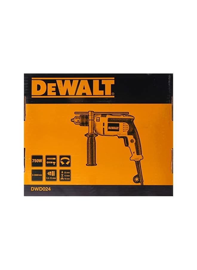 DEWALT 750W 13Mm Percussion Drill With Variable Speed Switch For Drilling Concrete Metal Wood Yellow/Black Dwd024 B53 Year  - Image 4