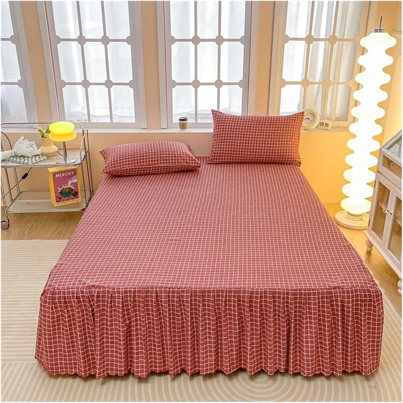 Bed Skirt, Geometric White Stripes Dots Print Bedskirt, 3 Side Coverage Ruffle Cover with 2 Pillowcases(Color 18,200x220cm 3pcs) - Image 1