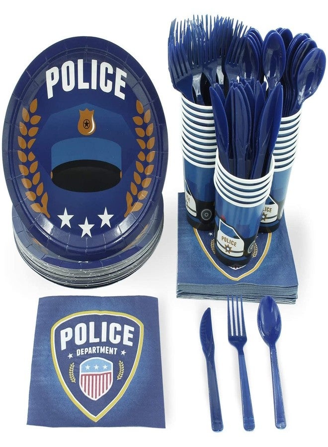 Juvale Police Theme Birthday Party Decorations - 144 Piece Set, Blue - Police Party Supplies with Disposable Plates, Cups, Napkins & Cutlery - Cop Car Birthday Decorations & Cake Accents for Kids - Image 1