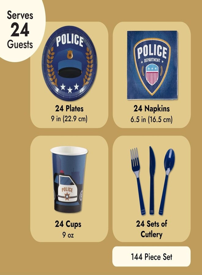 Juvale Police Theme Birthday Party Decorations - 144 Piece Set, Blue - Police Party Supplies with Disposable Plates, Cups, Napkins & Cutlery - Cop Car Birthday Decorations & Cake Accents for Kids - Image 5