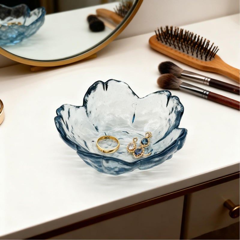 BESSKON Flower Ring Dish Jewelry Tray, Glass Jewelry Dish Tray, Aesthetic Room Decor Small Trinket Dish, Nightstand Jewlery Ring Holder Dish, Bathroom Jewelry Plate Bowl for Rings Earrings Wife Gift (Blue) - Image 5