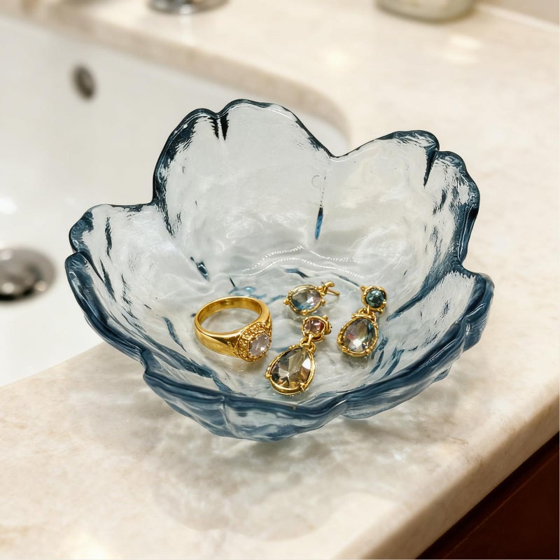 BESSKON Flower Ring Dish Jewelry Tray, Glass Jewelry Dish Tray, Aesthetic Room Decor Small Trinket Dish, Nightstand Jewlery Ring Holder Dish, Bathroom Jewelry Plate Bowl for Rings Earrings Wife Gift (Blue) - Image 4