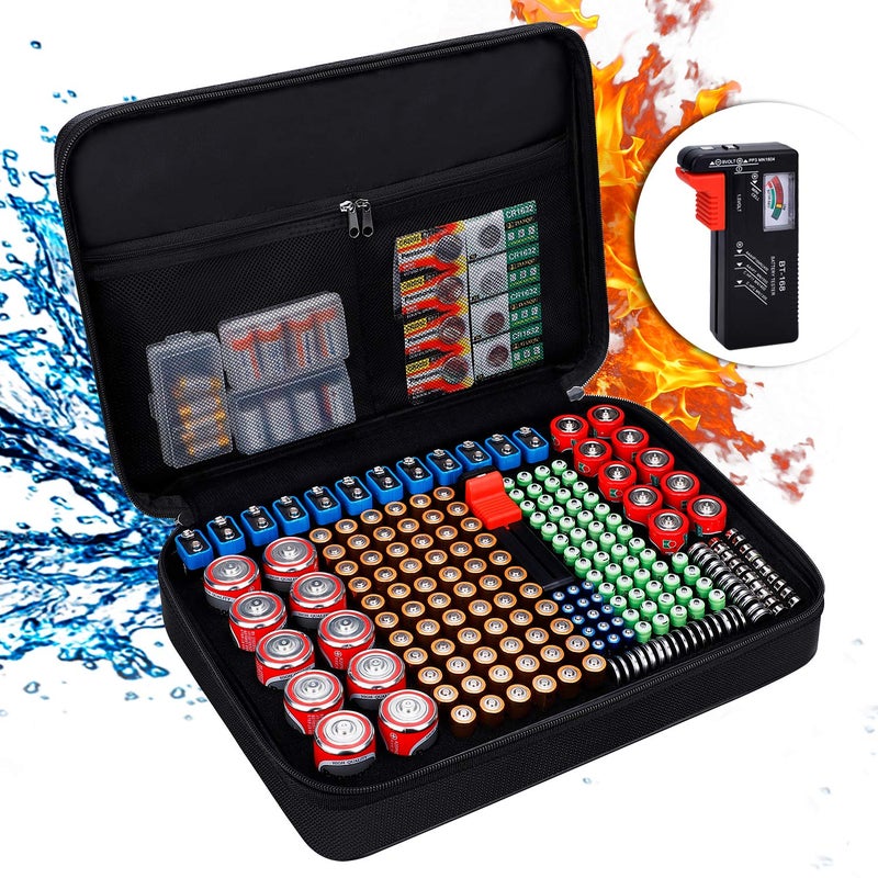ENGPOW Battery Organizer, Fireproof Battery Organizer Storage Case with Tester (BT168),Water-Resistant Explosionproof Battery Holder Box with Cover and Zipper, Holds 220+ AA AAA C D 9V Batteries - Image 1