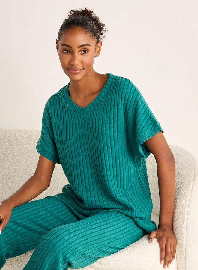 Splash FAV Ribbed V-neck Top and Elasticated Pyjama Set