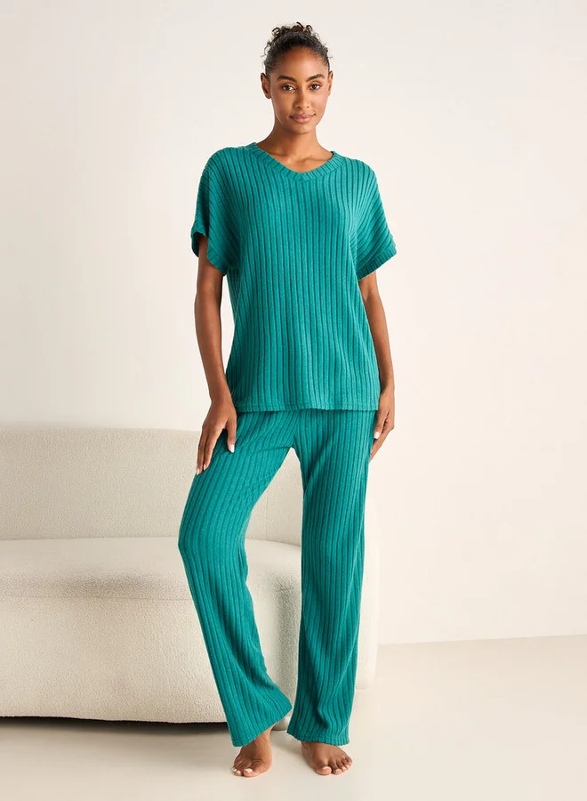 Splash FAV Ribbed V-neck Top and Elasticated Pyjama Set