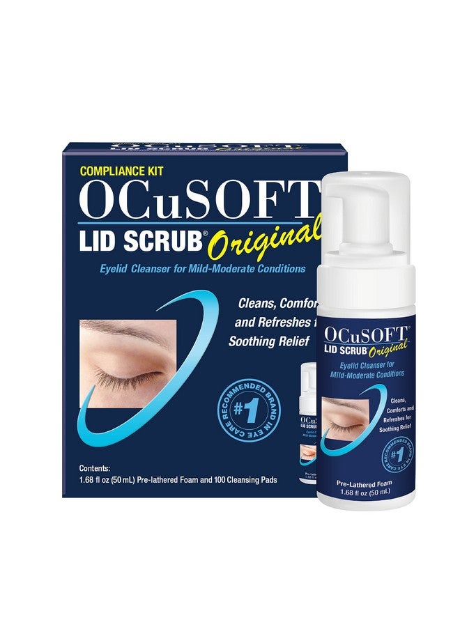 أوكيوسوفت مجموعة OCuSOFT Lid Scrub Original Compliance Kit - مقشر جفن رغوي فوري ومناديل خالية من الوبر - مجموعة جفن يومية لإزالة الزيوت والغبار وحبوب اللقاح ومكياج العين - 1.68 أونصة سائلة و100 قطعة مناديل جافة - Image 1