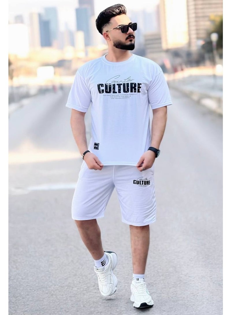 طقم شورت وتيشيرت رجالي مطبوع "Urban Culture" باللون الأبيض