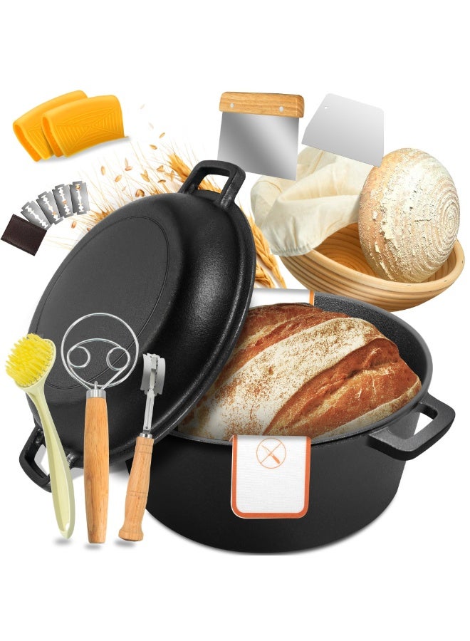 Cast Iron Dutch Oven for Bread Baking - incl. Sourdough Bread-Baking Supplies like Banneton Bread-Proofing Basket - 5QT Bread-Oven with Lid Bread-Making Kit Pan, Pot, Sour Sough Tools, Lame - Image 1