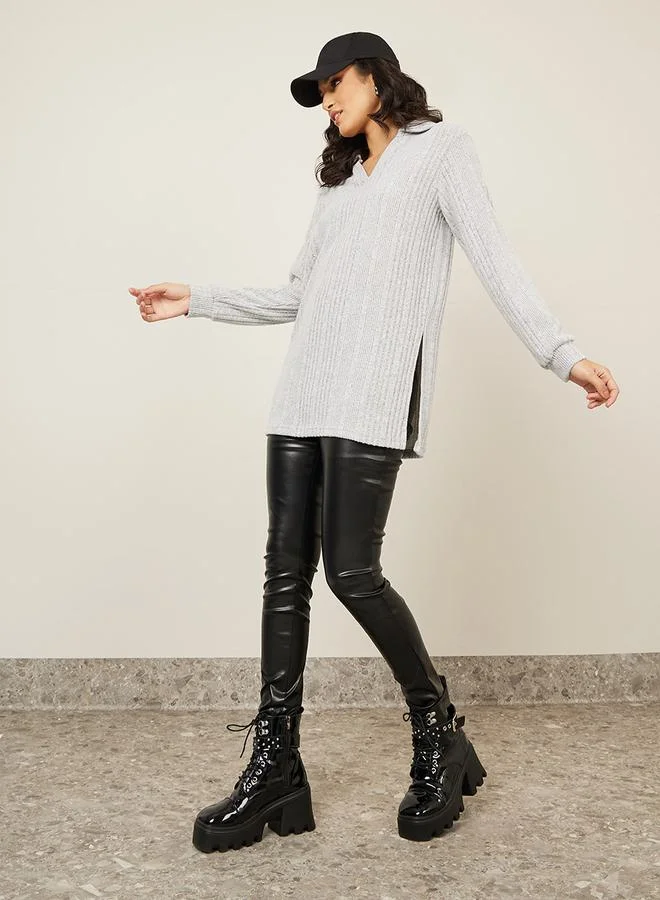Styli Oversized Brushed Rib Collared Neck Longline Polo T-Shirt