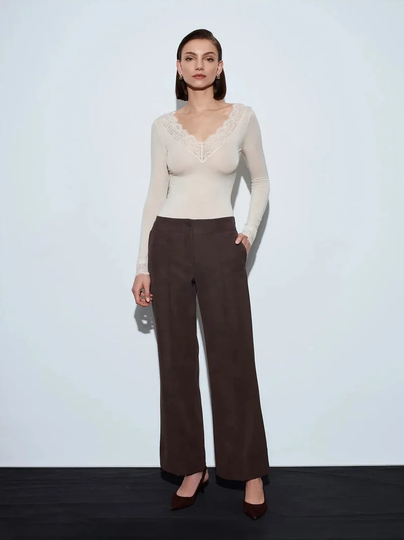 ديلفين Dilvin Women's High-Waist Wide-Leg Faux Leather Trousers