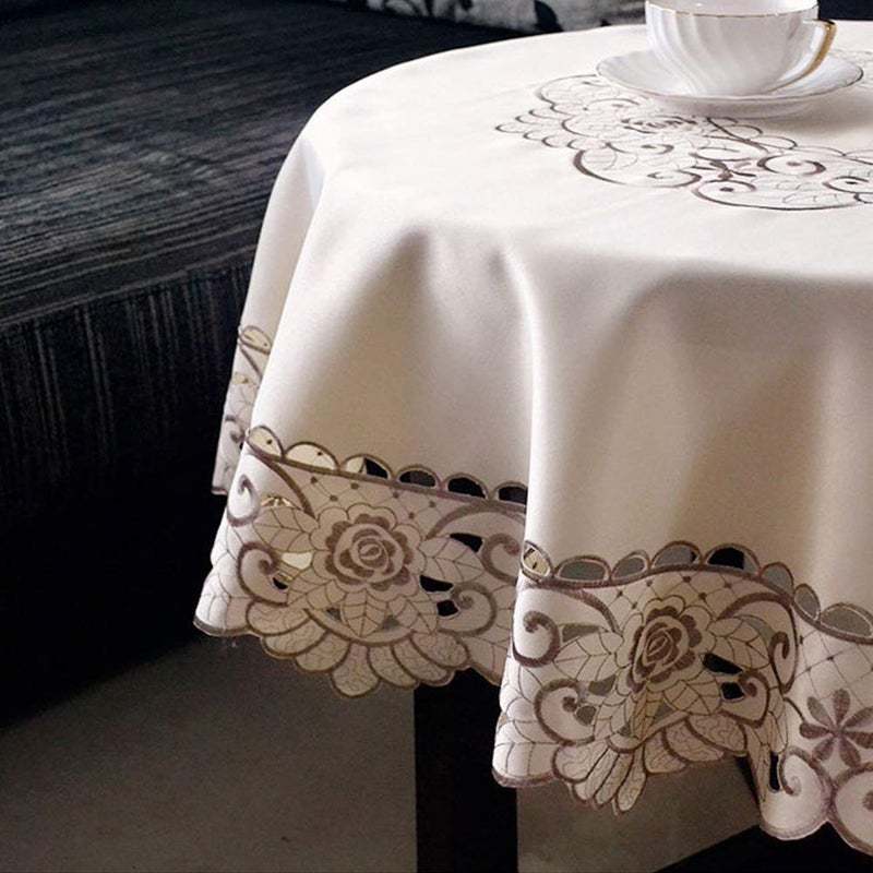 AMZALI Round Table Cloth Flower Lace Tablecloth Wrinkle Free Stain Resistant Fabric Tablecloths Table Cover for Kitchen Dinner Outdoor and Indoor Round 90 inch