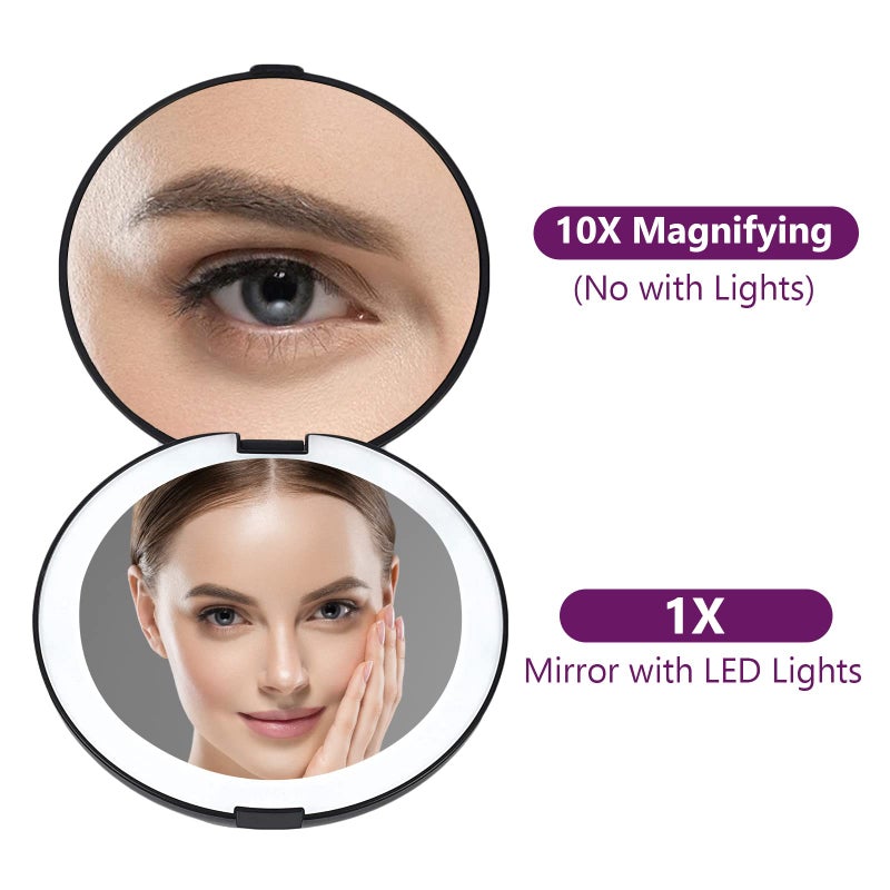 Wobsion Magnification Led Compact Mirror 1X/10X With Light Handheld 2-Sided Pocket Mirror Travel Makeup Mirror 3.5In For Purses Small Mirror For Handbag Black - Image 2