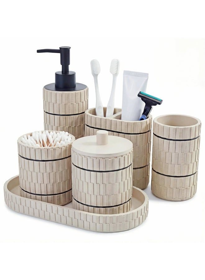 Klabelle Bathroom Accessory Set, 6 Piece Bathroom Essentials Sets Accessories, Soap Dispenser Set, Toothbrush Holder, Vanity Tray, Tumbler, Cotton Swab Jars, Decor Organizer for Modern Bathrooms(Beige) - Image 1