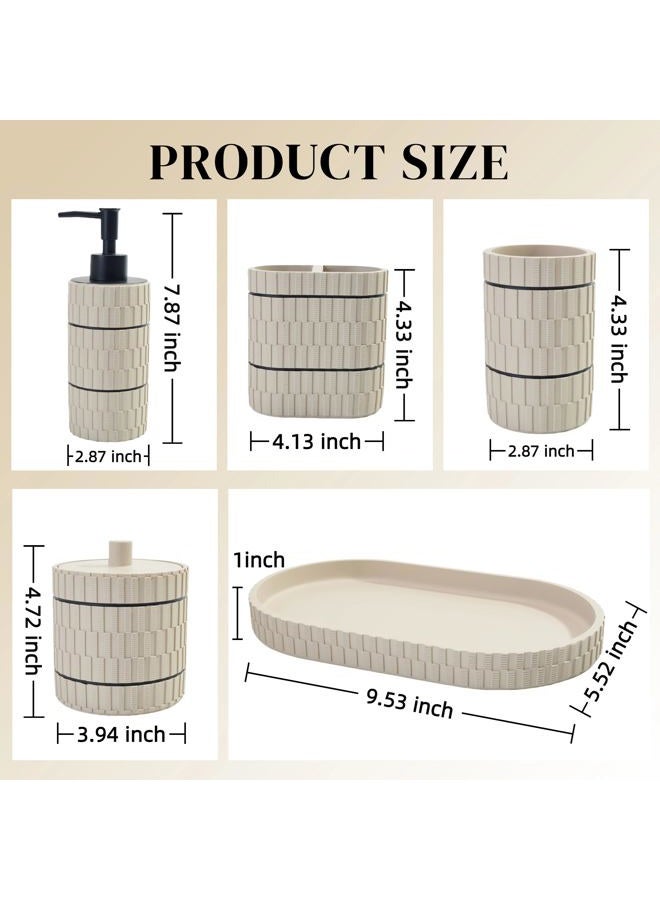 Klabelle Bathroom Accessory Set, 6 Piece Bathroom Essentials Sets Accessories, Soap Dispenser Set, Toothbrush Holder, Vanity Tray, Tumbler, Cotton Swab Jars, Decor Organizer for Modern Bathrooms(Beige) - Image 2