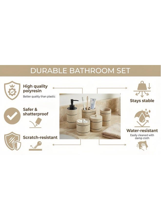 Klabelle Bathroom Accessory Set, 6 Piece Bathroom Essentials Sets Accessories, Soap Dispenser Set, Toothbrush Holder, Vanity Tray, Tumbler, Cotton Swab Jars, Decor Organizer for Modern Bathrooms(Beige) - Image 4