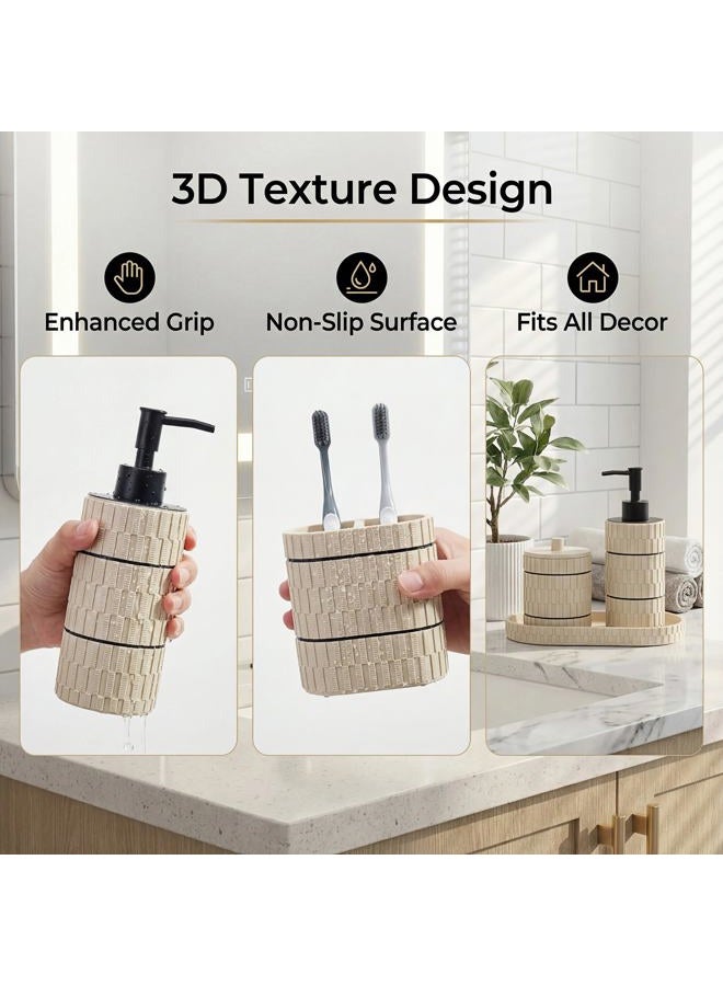 Klabelle Bathroom Accessory Set, 6 Piece Bathroom Essentials Sets Accessories, Soap Dispenser Set, Toothbrush Holder, Vanity Tray, Tumbler, Cotton Swab Jars, Decor Organizer for Modern Bathrooms(Beige) - Image 5