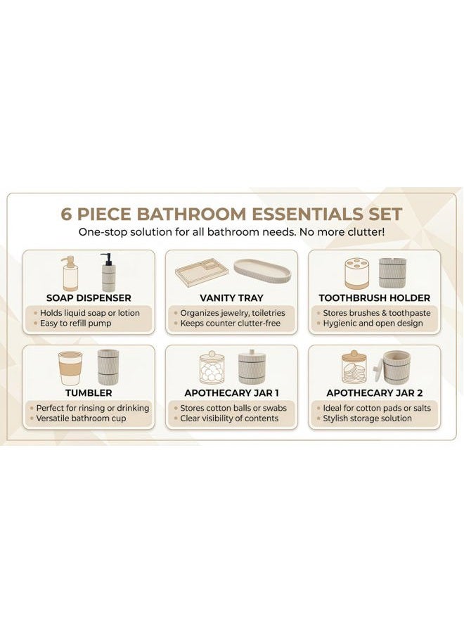 Klabelle Bathroom Accessory Set, 6 Piece Bathroom Essentials Sets Accessories, Soap Dispenser Set, Toothbrush Holder, Vanity Tray, Tumbler, Cotton Swab Jars, Decor Organizer for Modern Bathrooms(Beige) - Image 3
