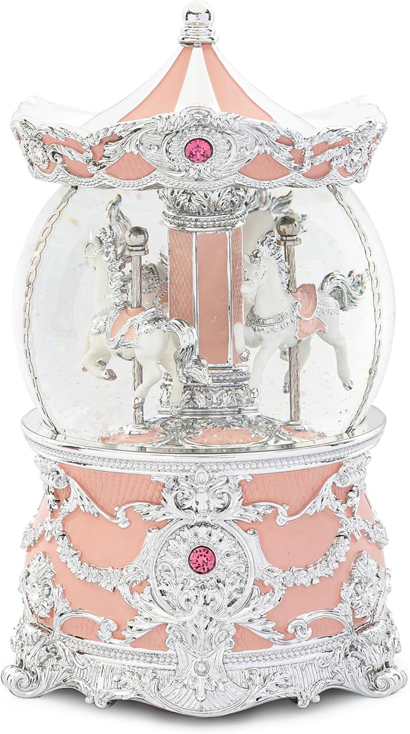 MXwcy Carousel Music Box Silver & Pink Christmas Snow Globes, 8.3" Rotate Carousel Snow Globe for Kids & Adults, Classic Wind up Musical Snow Globe Birthday Gifts for Women Girls, Carousel Horse Home Decor - Image 1