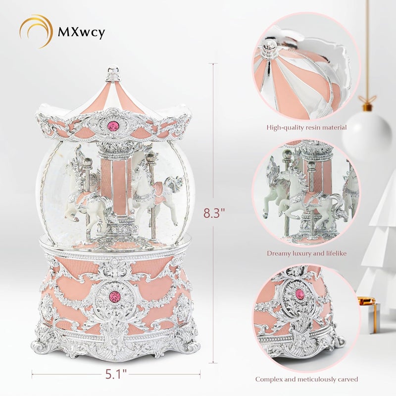 MXwcy Carousel Music Box Silver & Pink Christmas Snow Globes, 8.3" Rotate Carousel Snow Globe for Kids & Adults, Classic Wind up Musical Snow Globe Birthday Gifts for Women Girls, Carousel Horse Home Decor - Image 3