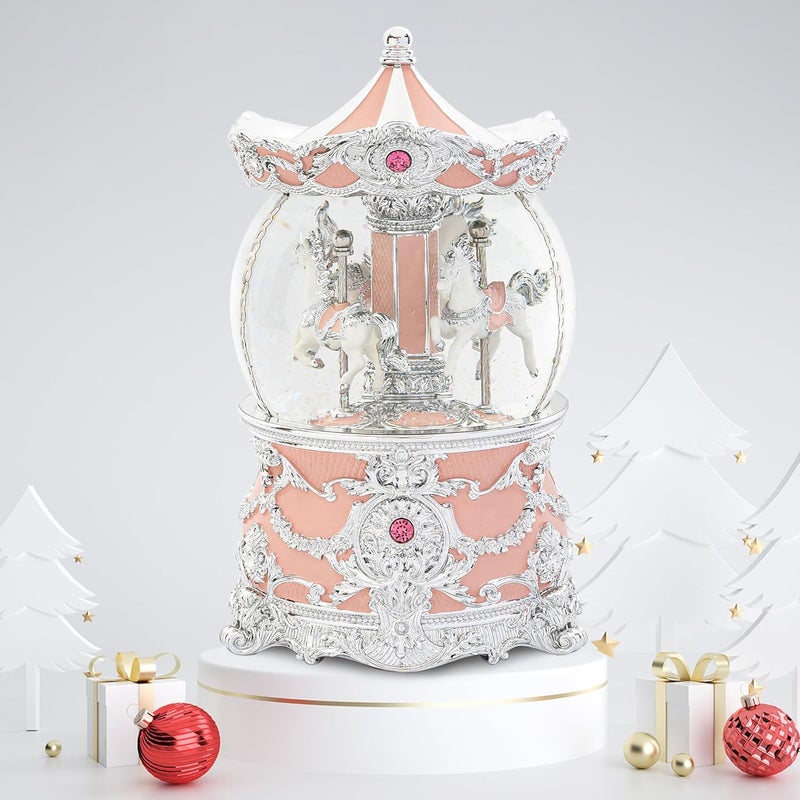 MXwcy Carousel Music Box Silver & Pink Christmas Snow Globes, 8.3" Rotate Carousel Snow Globe for Kids & Adults, Classic Wind up Musical Snow Globe Birthday Gifts for Women Girls, Carousel Horse Home Decor - Image 2