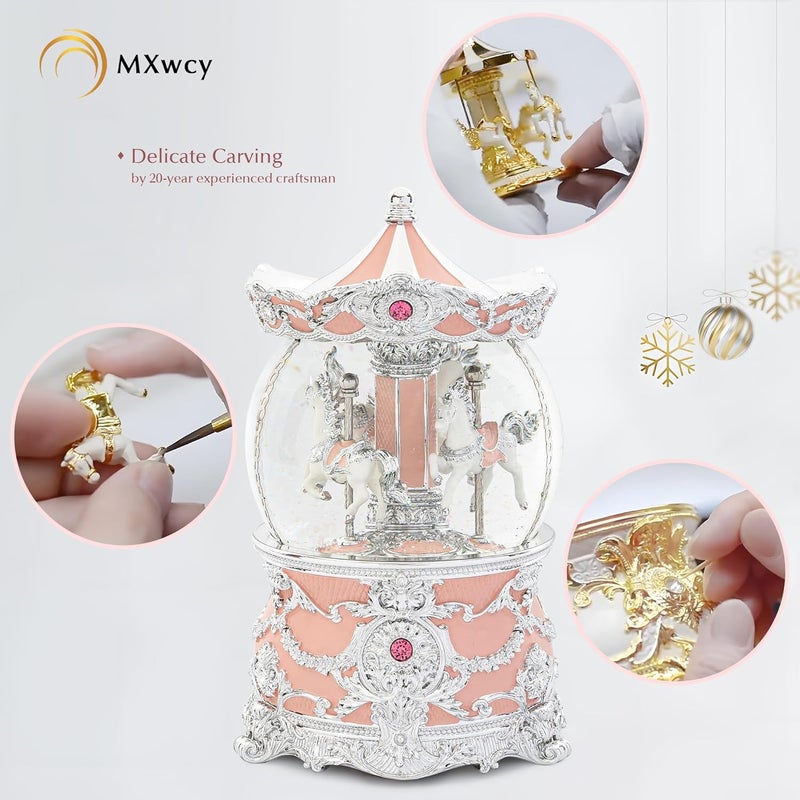 MXwcy Carousel Music Box Silver & Pink Christmas Snow Globes, 8.3" Rotate Carousel Snow Globe for Kids & Adults, Classic Wind up Musical Snow Globe Birthday Gifts for Women Girls, Carousel Horse Home Decor - Image 5