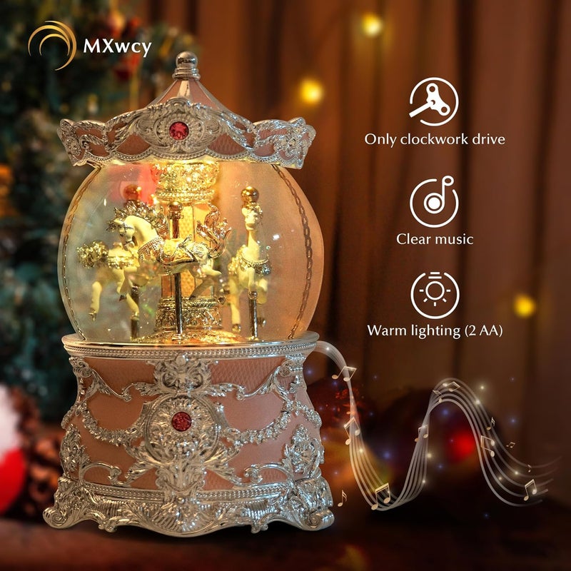 MXwcy Carousel Music Box Silver & Pink Christmas Snow Globes, 8.3" Rotate Carousel Snow Globe for Kids & Adults, Classic Wind up Musical Snow Globe Birthday Gifts for Women Girls, Carousel Horse Home Decor - Image 4
