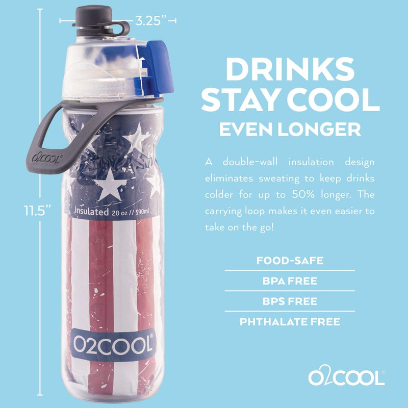 O2COOL Mist 'N Sip Misting Water Bottle 2-in-1 Mist And Sip Function With No Leak Pull Top Spout Sports Water Bottle Reusable Water Bottle - 20 oz (Patriot) - Image 3