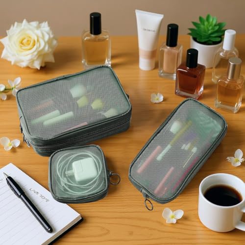 MAYCREATE® Makeup Organizer Bag 4pcs Set, Mesh Toiletry Makeup Pouch Bag Combo, 4 Sizes Zipper Cosmetic Pouch Bags Cash Pouches Accessories Organizer - Green - Image 5