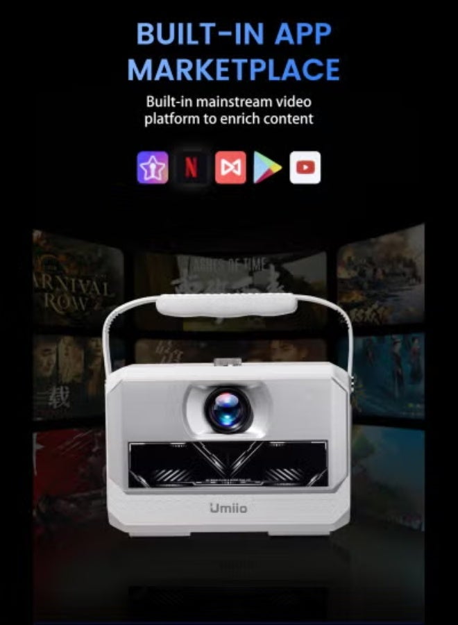 أوميو Q6 Max Smart Android Projector with Dual Wireless Karaoke Microphones – 4K & 1080P Support, 200" Display, WiFi, Bluetooth, HDMI & USB Connectivity for Home Theater, Parties & Entertainment – White - Image 2