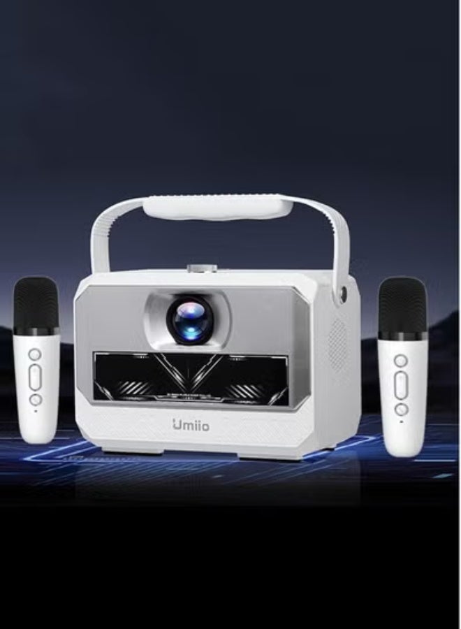 أوميو Q6 Max Smart Android Projector with Dual Wireless Karaoke Microphones – 4K & 1080P Support, 200" Display, WiFi, Bluetooth, HDMI & USB Connectivity for Home Theater, Parties & Entertainment – White - Image 1