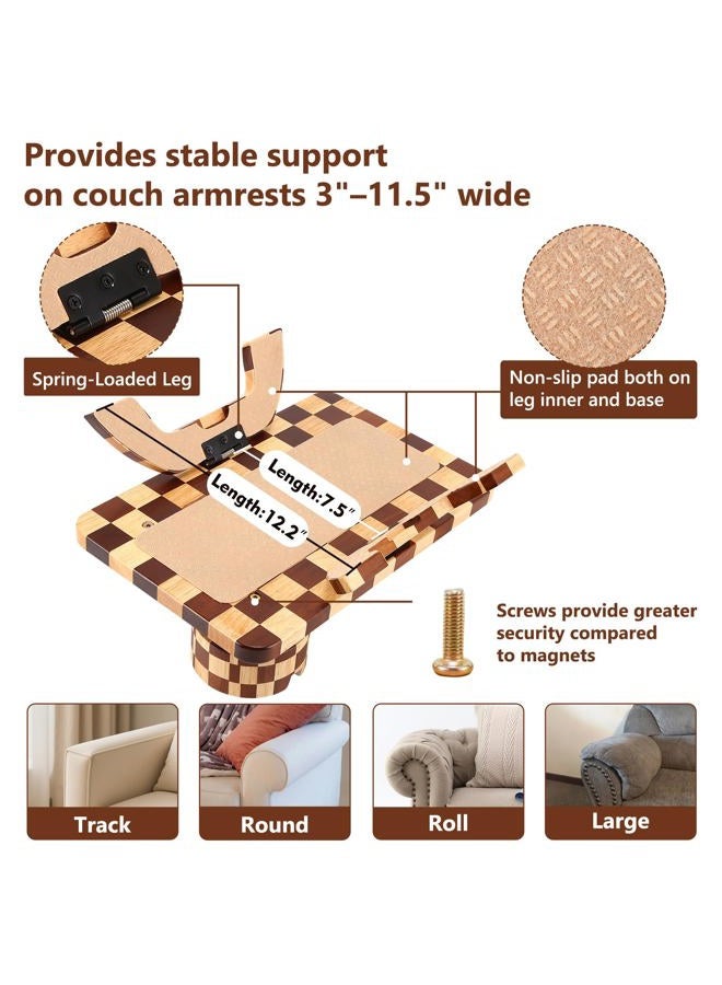 Acanacle Couch Arm Table, Checkered Carbonized Rubber Wood Sofa Armrest Tray, 3-in-1 Clip-on Large Couch Cup Holder Tray with 360° Rotating Cup Holder & Phone Stand for Drinks, Snacks & Remote - Image 5
