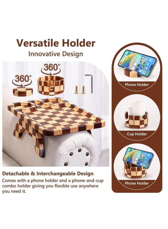 Acanacle Couch Arm Table, Checkered Carbonized Rubber Wood Sofa Armrest Tray, 3-in-1 Clip-on Large Couch Cup Holder Tray with 360° Rotating Cup Holder & Phone Stand for Drinks, Snacks & Remote - Image 4