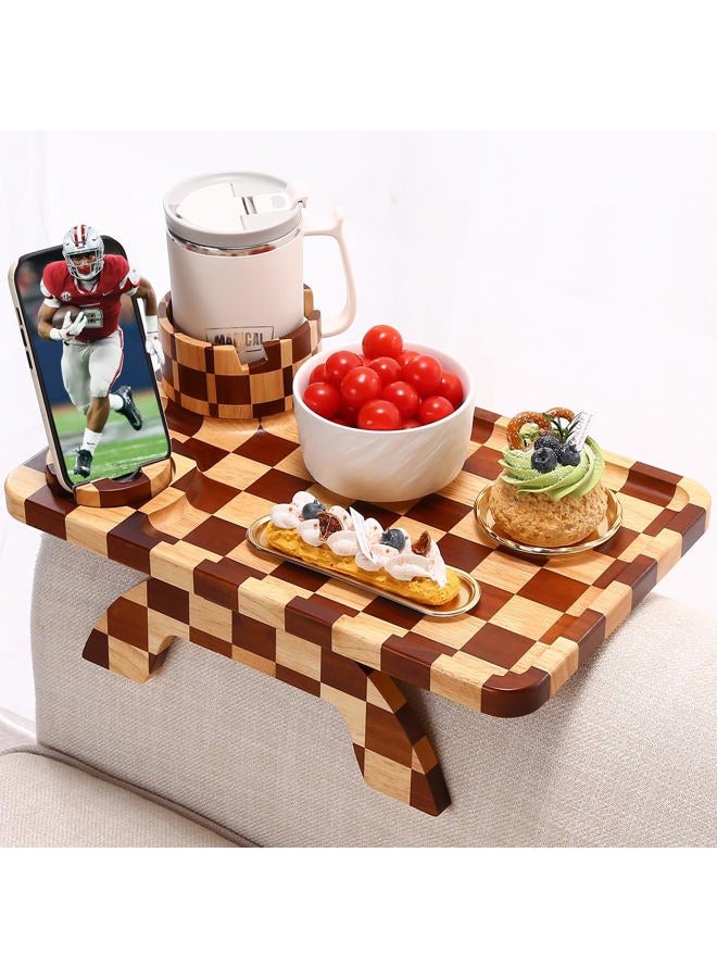 Acanacle Couch Arm Table, Checkered Carbonized Rubber Wood Sofa Armrest Tray, 3-in-1 Clip-on Large Couch Cup Holder Tray with 360° Rotating Cup Holder & Phone Stand for Drinks, Snacks & Remote - Image 1