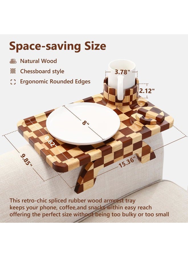 Acanacle Couch Arm Table, Checkered Carbonized Rubber Wood Sofa Armrest Tray, 3-in-1 Clip-on Large Couch Cup Holder Tray with 360° Rotating Cup Holder & Phone Stand for Drinks, Snacks & Remote - Image 2