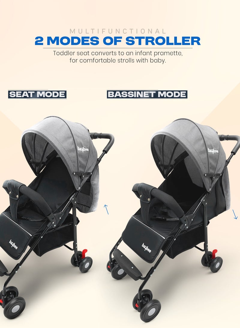 Baybee 2 in 1 Convertible Baby Pram Stroller for Newborn Babies with Adjustable Seat & Canopy, Bassinet, Parent Handle, Safety Guard & Storage | Baby Stroller for Toddlers 0-3 Years Boy Girl (Grey) - Image 4