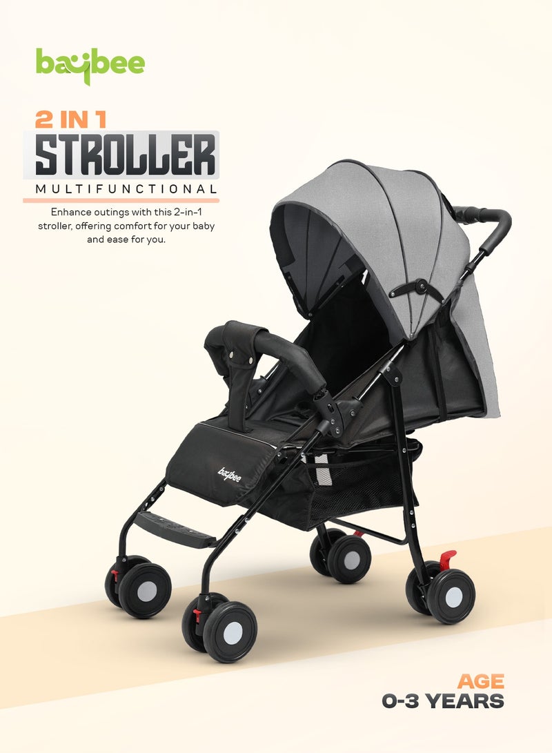 Baybee 2 in 1 Convertible Baby Pram Stroller for Newborn Babies with Adjustable Seat & Canopy, Bassinet, Parent Handle, Safety Guard & Storage | Baby Stroller for Toddlers 0-3 Years Boy Girl (Grey) - Image 3