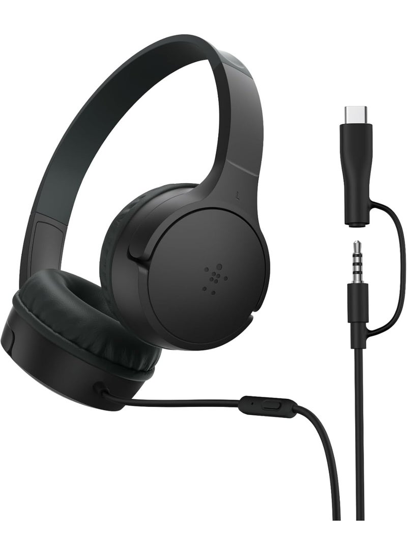 belkin SoundForm Mini Kids Wired Headphones with USB-C to 3.5mm Dongle, Built-in Mic & Fun Stickers, 85dB Max Volume – for Online Learning, Travel, Compatible with iPhone, iPad, Galaxy, etc - Black black - Image 1